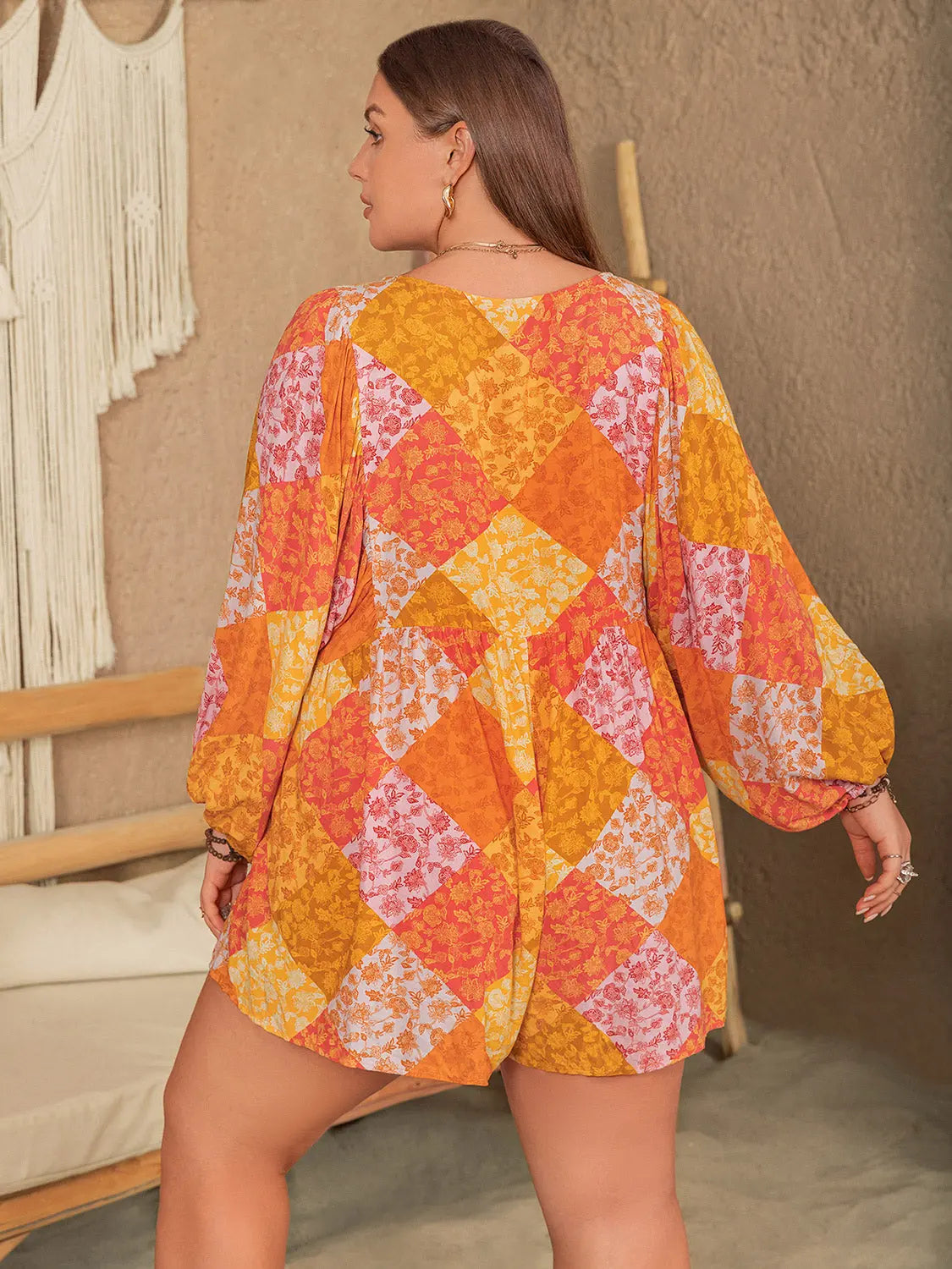 Floral Tie Neck Balloon Sleeve Romper Trendsi