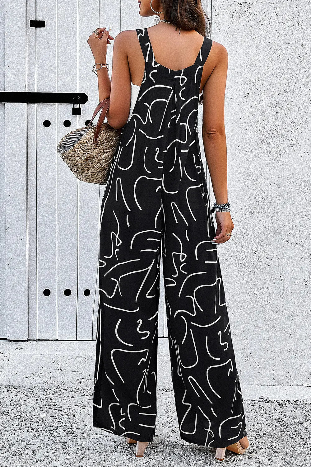 Printed Wide Strap Jumpsuit with Pockets Trendsi