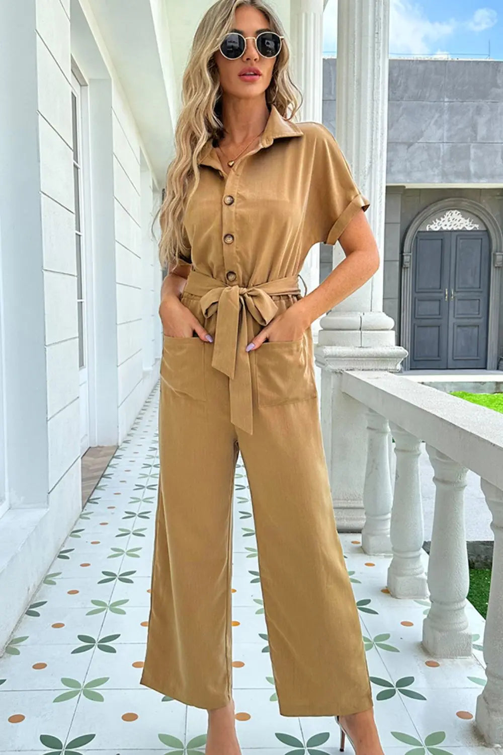 Tie Belt Buttoned Short Sleeve Collared Neck Jumpsuit Trendsi