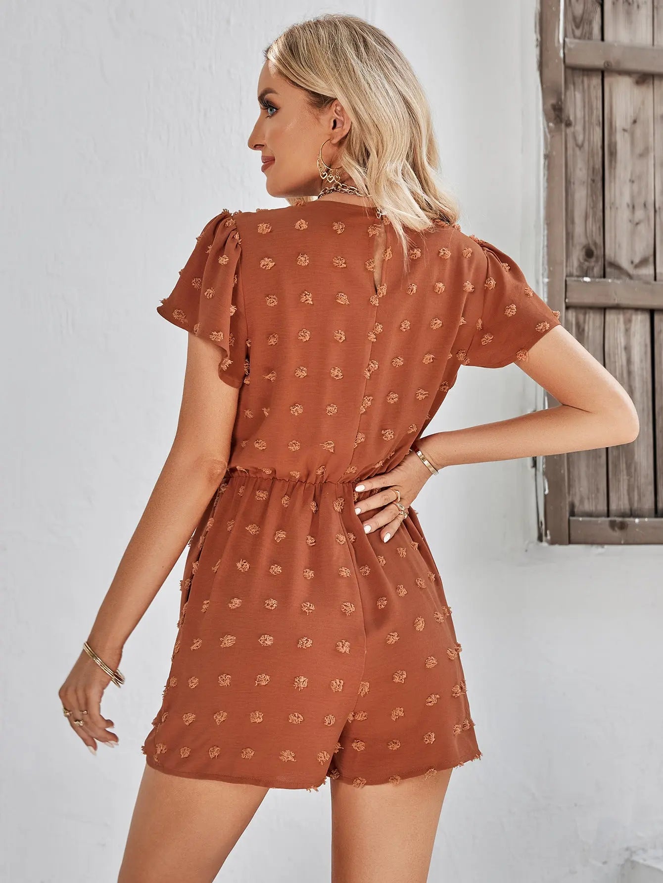 Swiss Dot  Trim Flutter Sleeve Romper with Pockets Trendsi