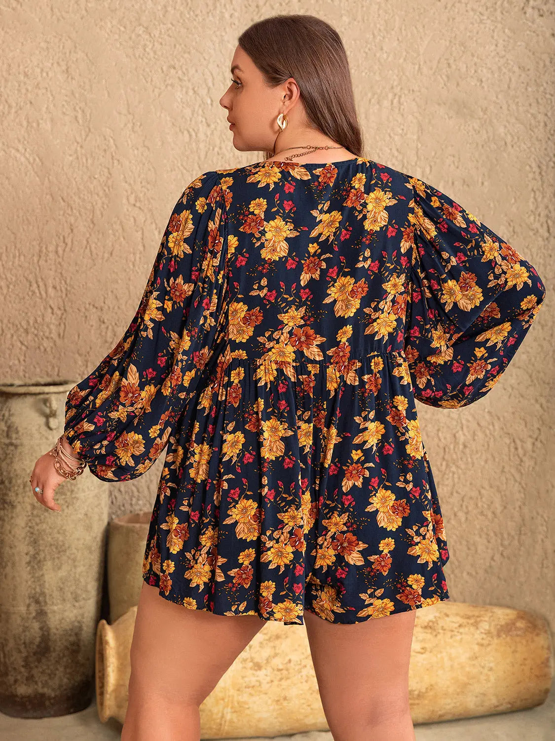 Floral Tie Neck Balloon Sleeve Romper Trendsi