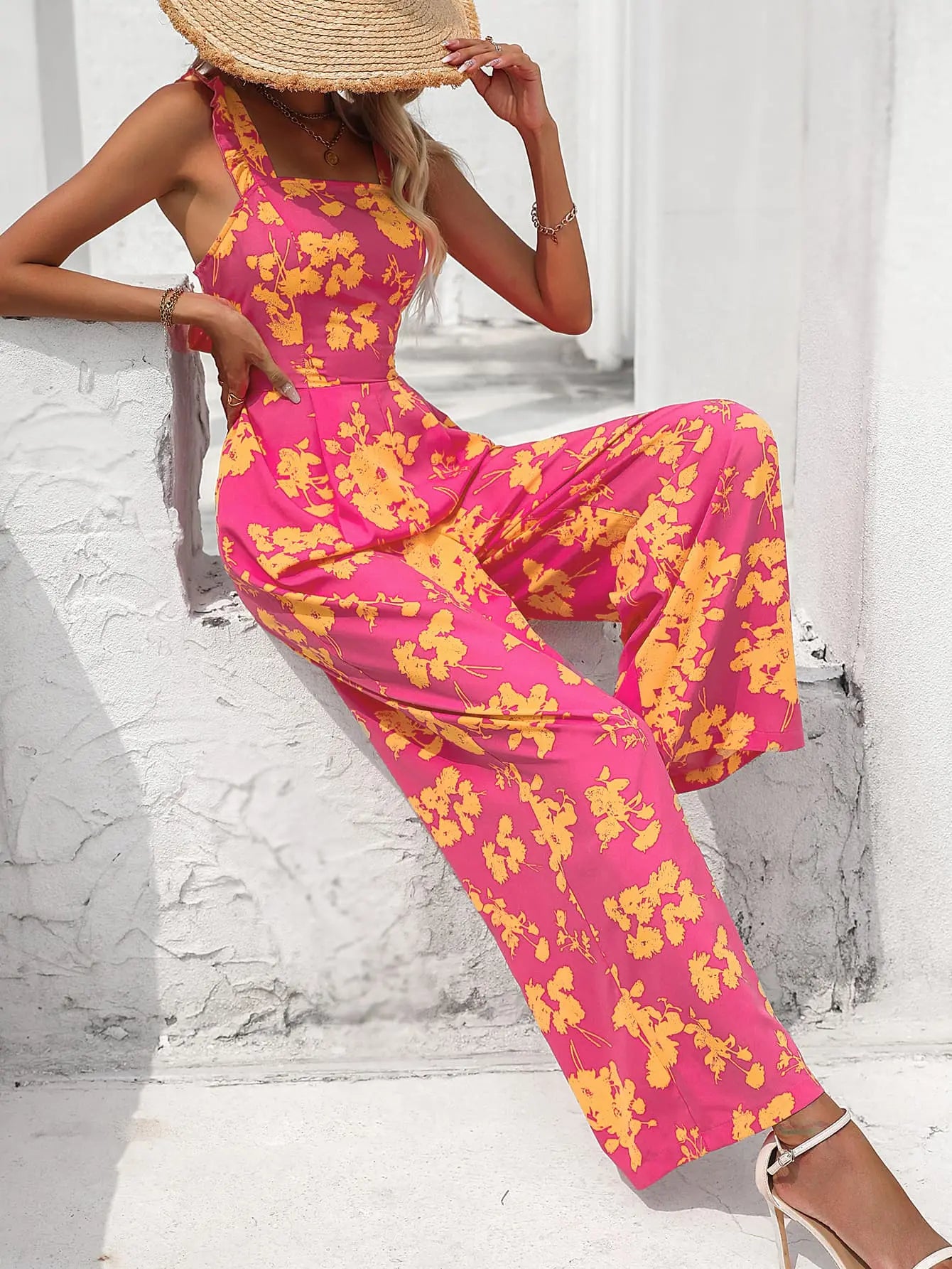 Floral Square Neck  Tie Back Jumpsuit Trendsi