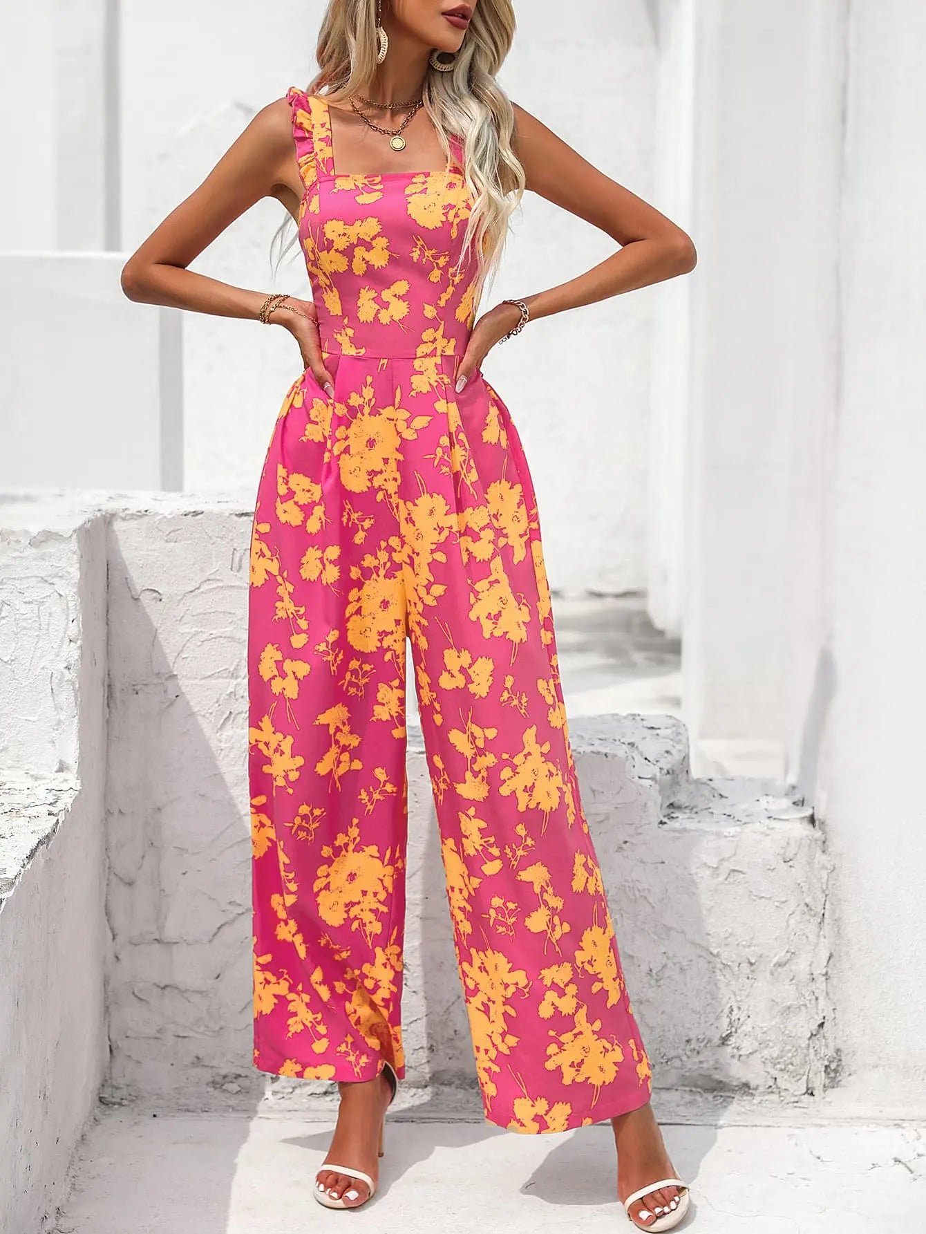 Floral Square Neck  Tie Back Jumpsuit Trendsi