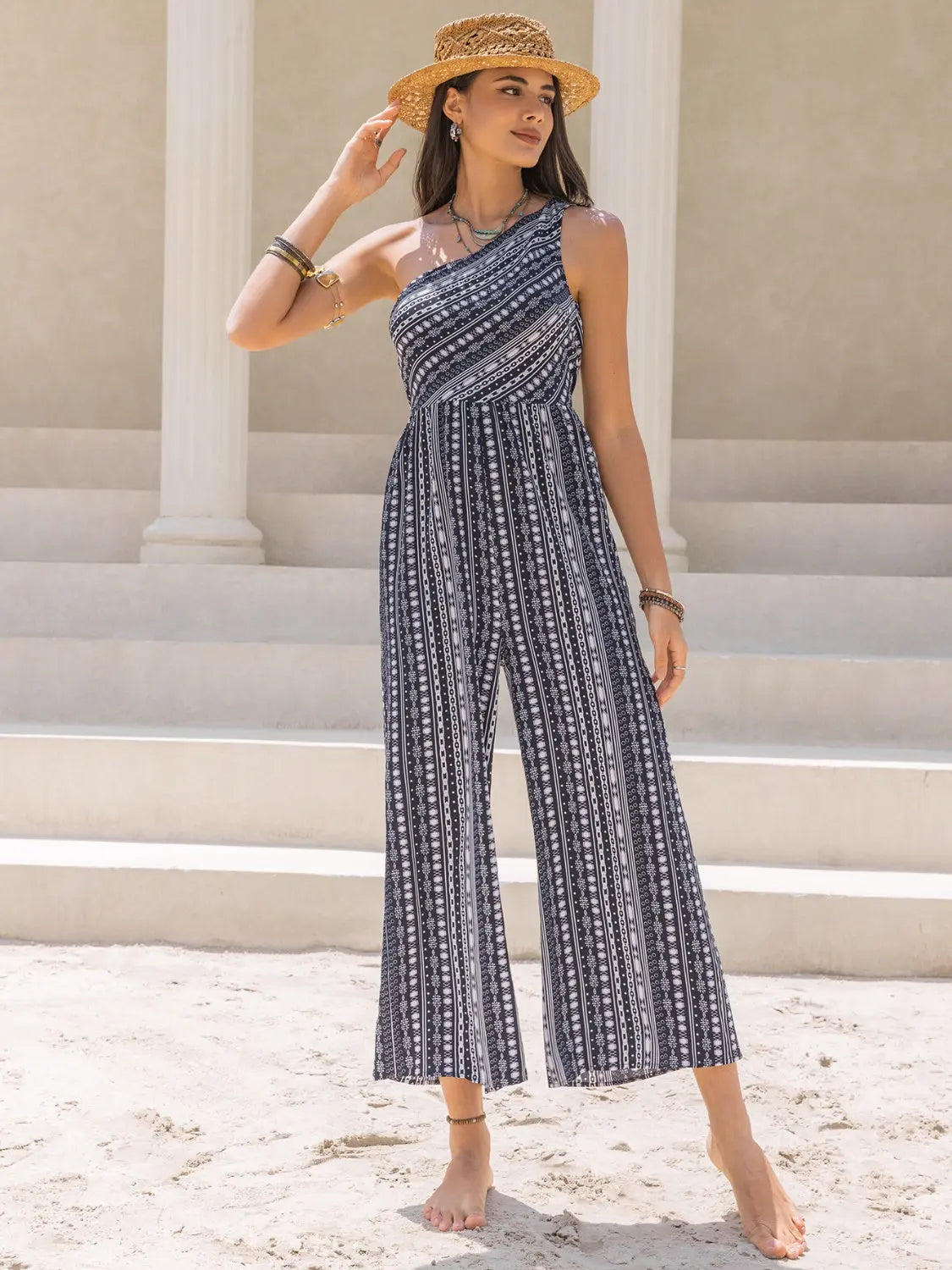 Printed Single Shoulder Sleeveless Jumpsuit Trendsi