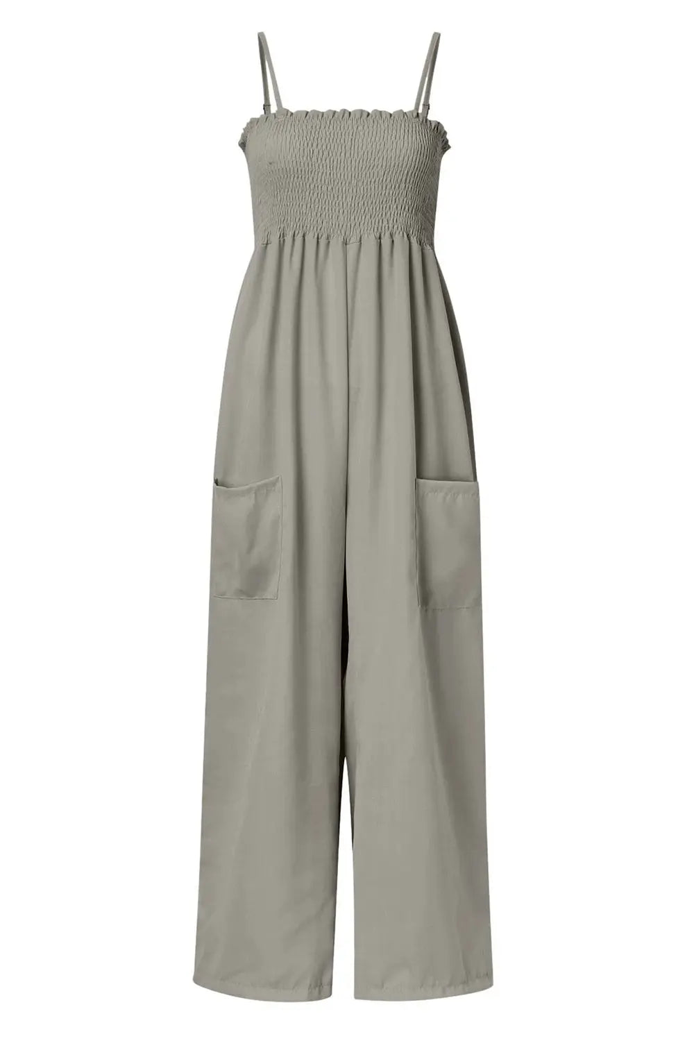 Smocked Spaghetti Strap Wide Leg Jumpsuit Trendsi