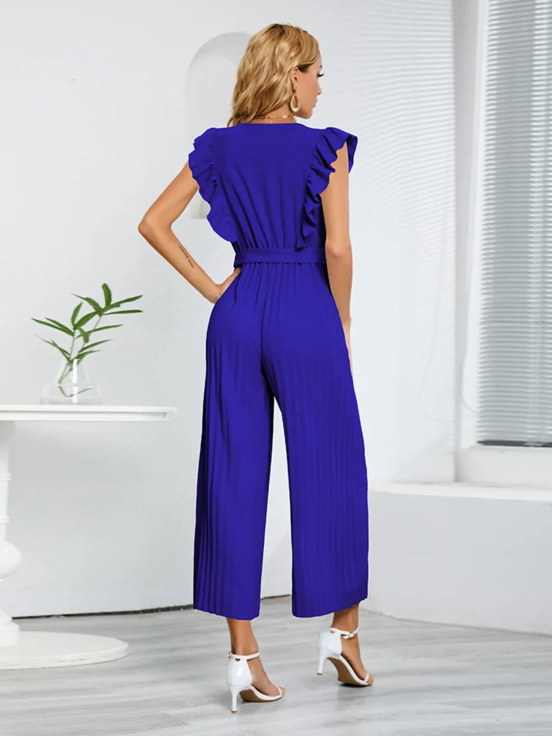 Ruffled Surplice Cap Sleeve Jumpsuit Trendsi