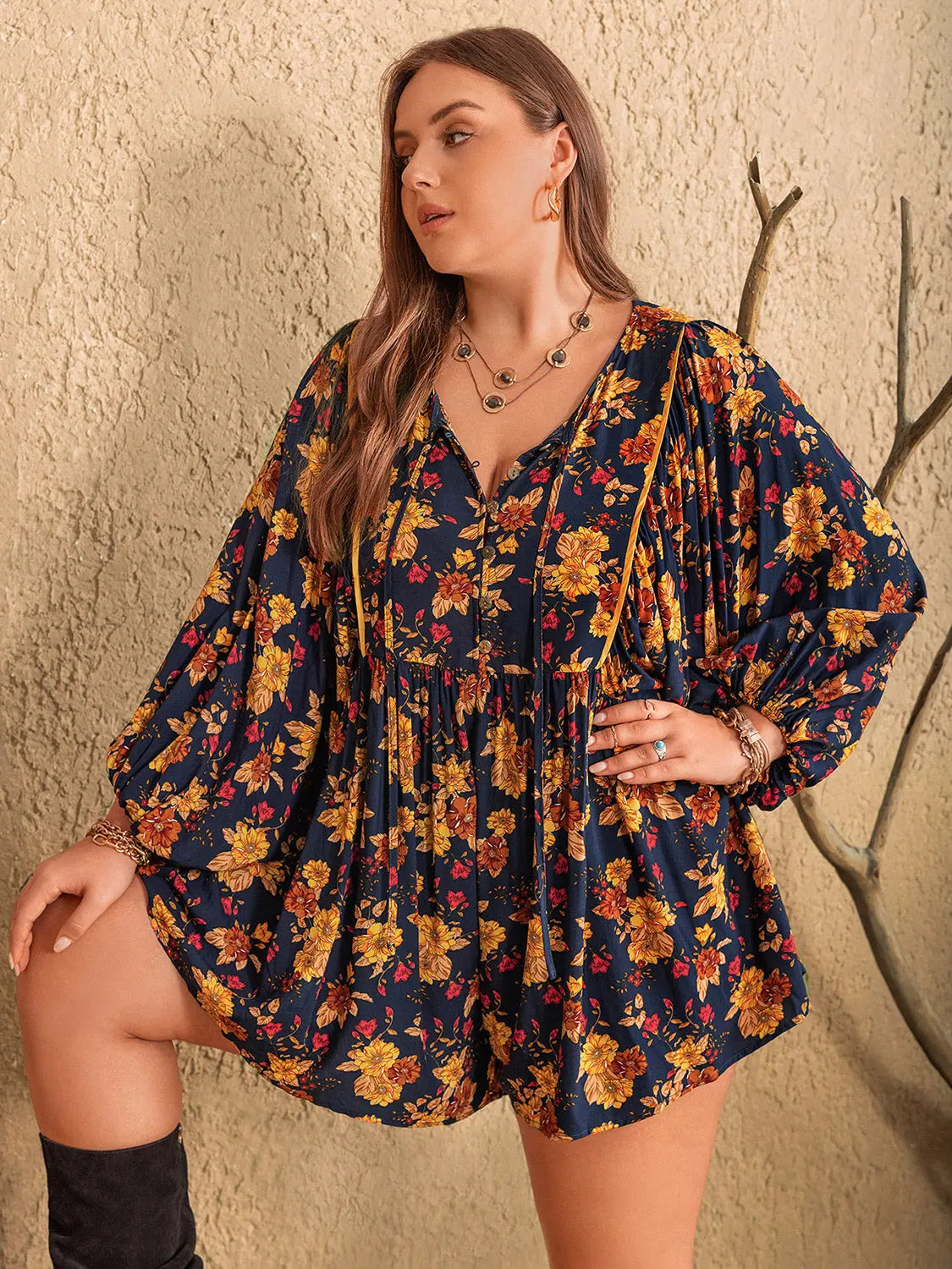 BazaarBey  Floral Tie Neck Balloon Sleeve Romper