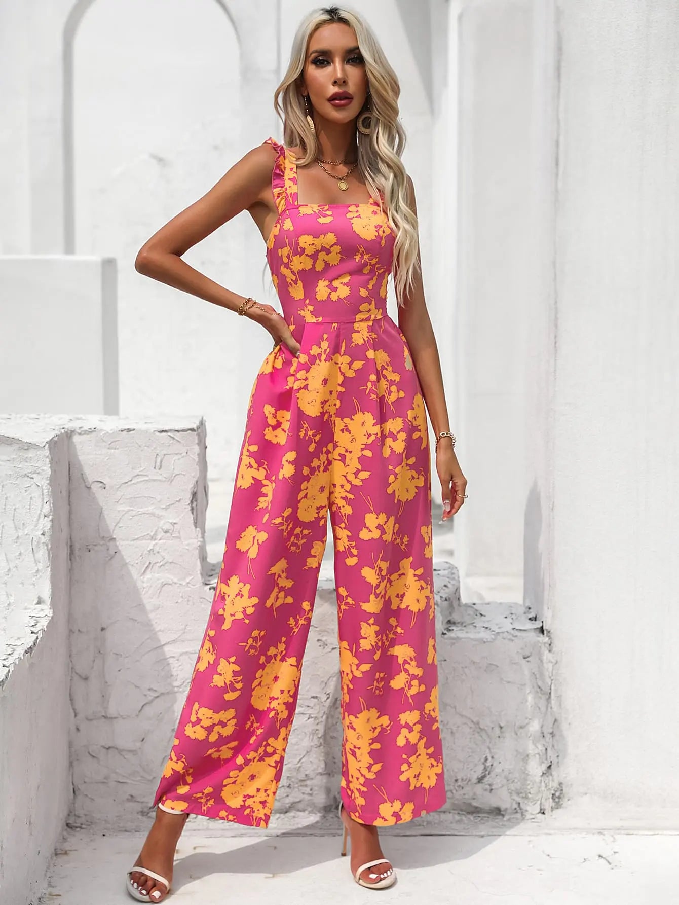 Floral Square Neck  Tie Back Jumpsuit Trendsi