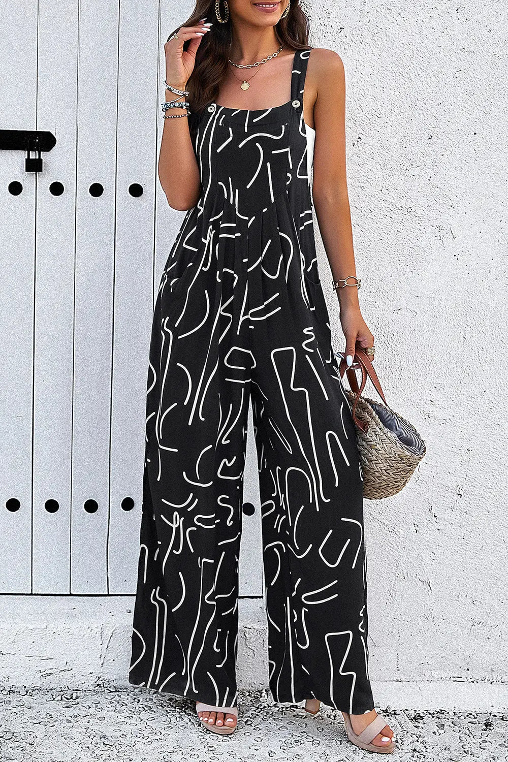 Printed Wide Strap Jumpsuit with Pockets Trendsi