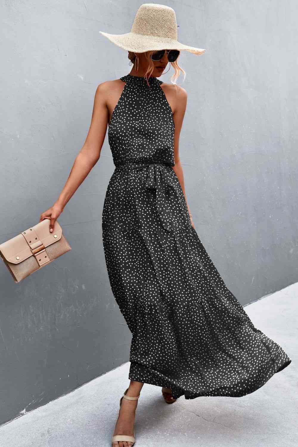 Printed Sleeveless Tie Waist Maxi Dress Bazaarbey