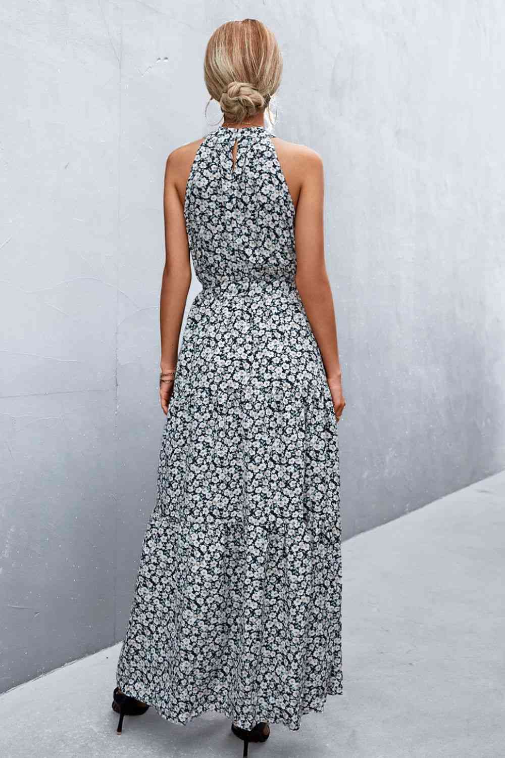 Printed Sleeveless Tie Waist Maxi Dress Bazaarbey