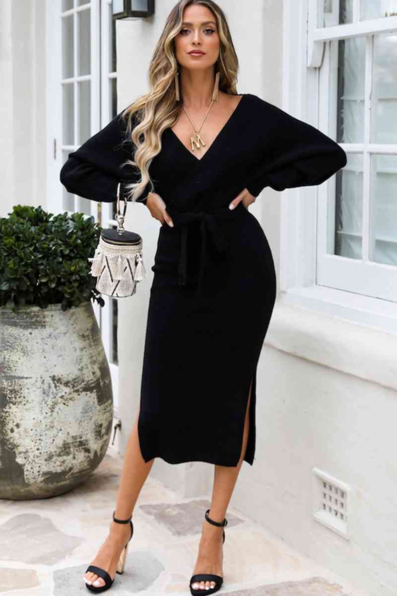 Surplice Neck Bow Waist Slit Sweater Dress Bazaarbey