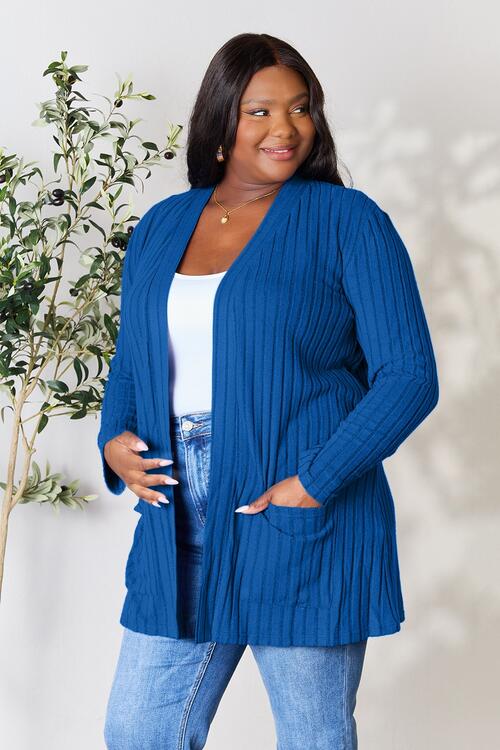 Ribbed Open Front Cardigan with Pockets Bazaarbey