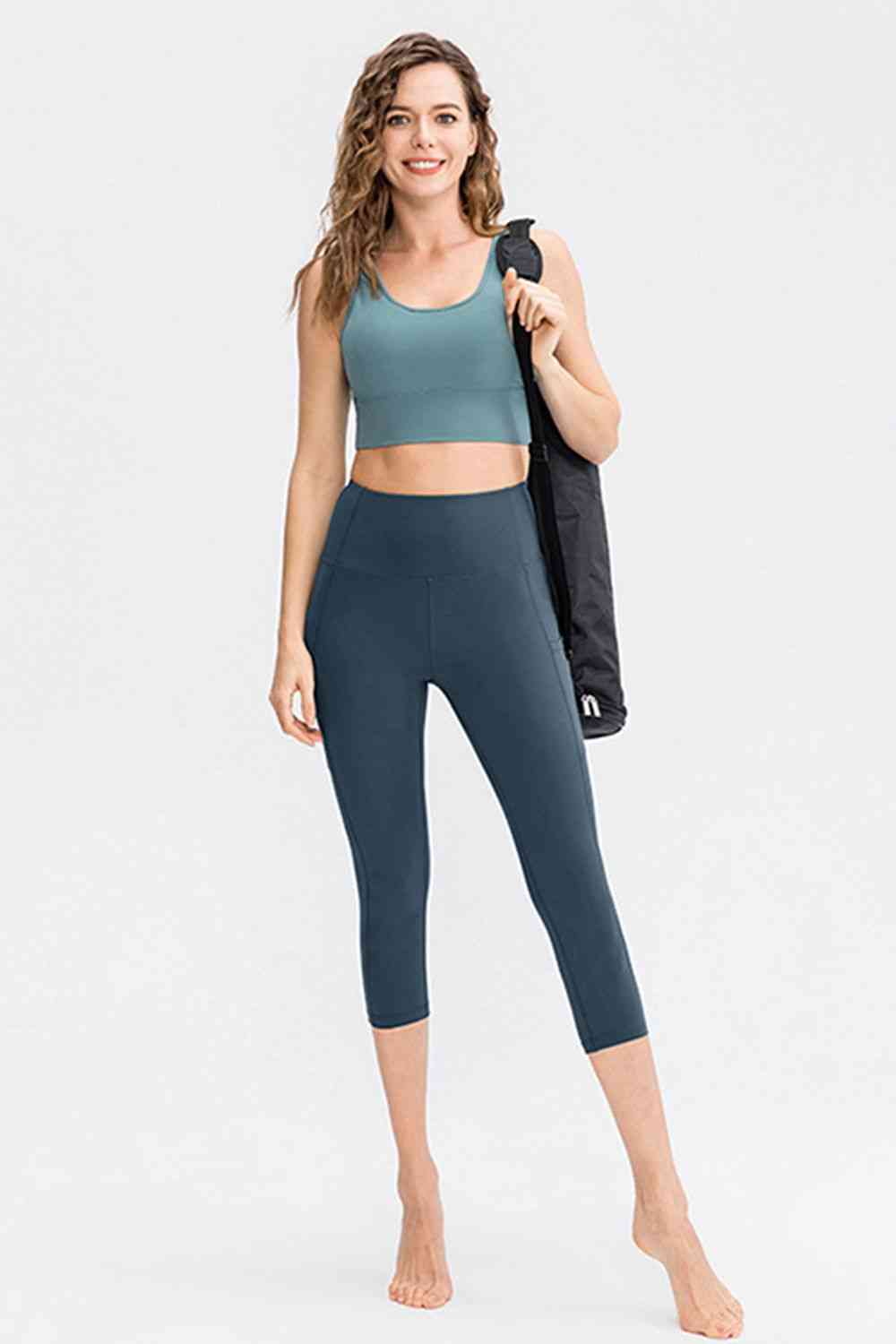 Wide Waistband Cropped Active Leggings with Pockets Bazaarbey