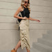 Drawstring Ruched Slit Denim Midi Skirt Bazaarbey