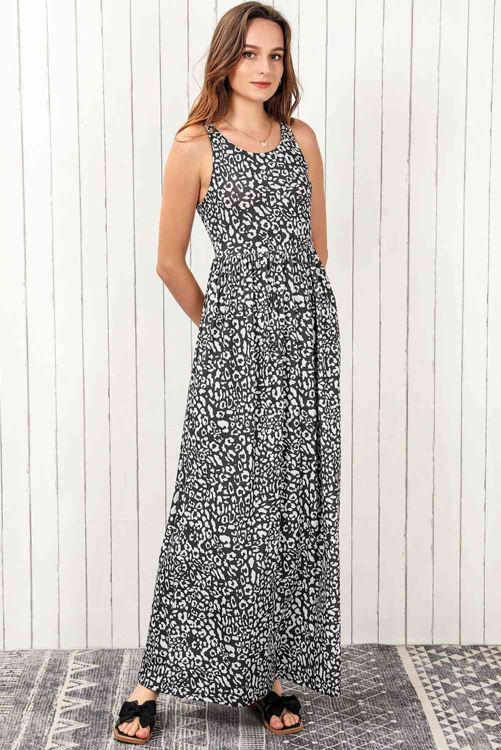 Leopard Round Neck Sleeveless Maxi Dress Bazaarbey