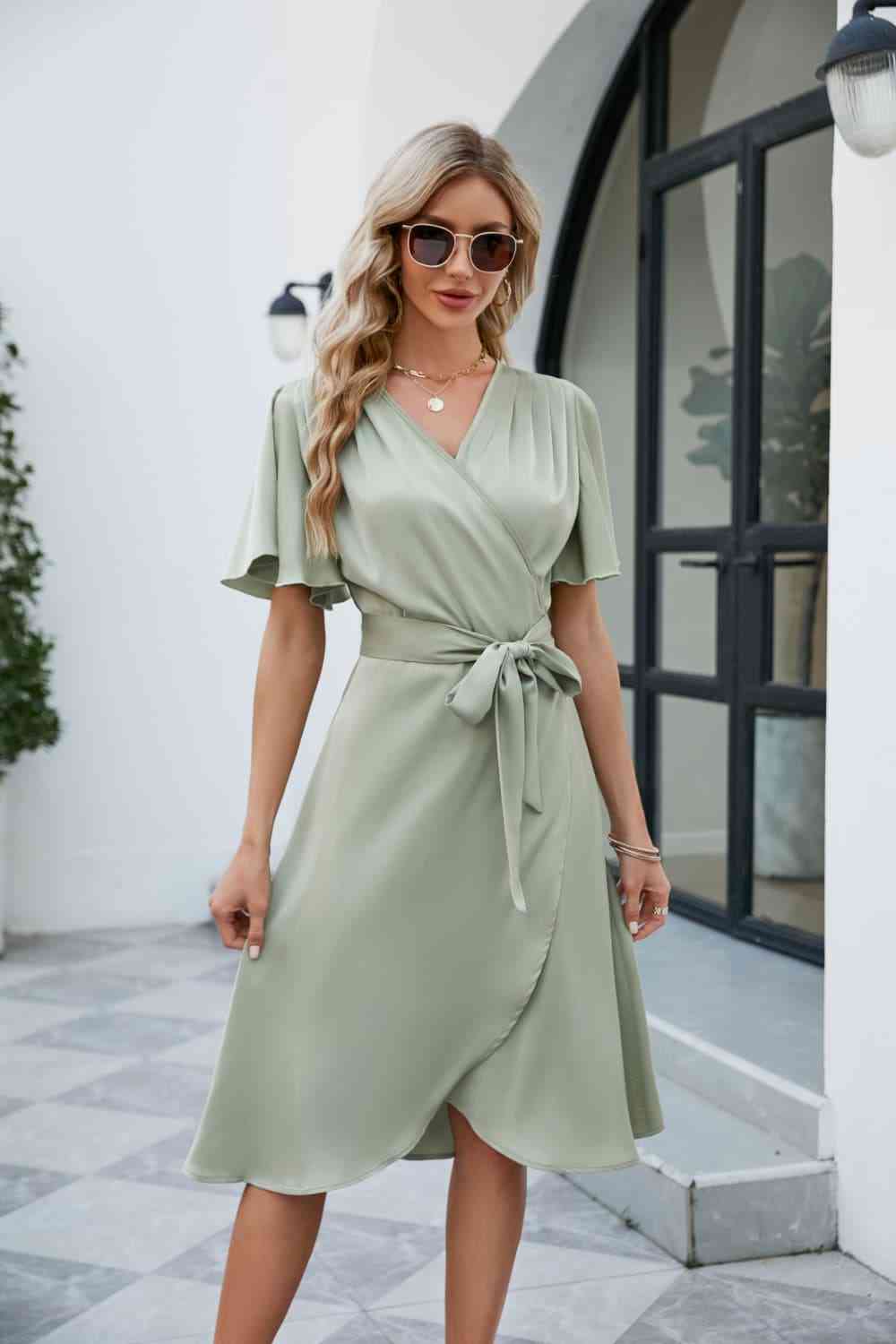 Tie Waist Flutter Sleeve Surplice Dress Bazaarbey