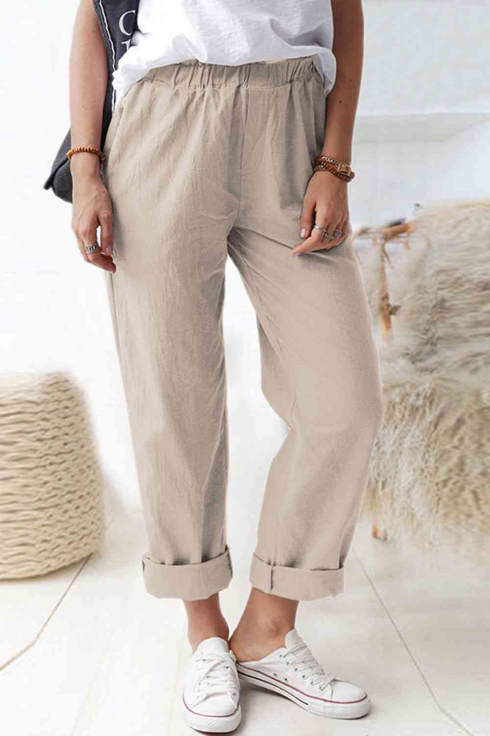 Waist Pull-On Pants with Pockets Bazaarbey