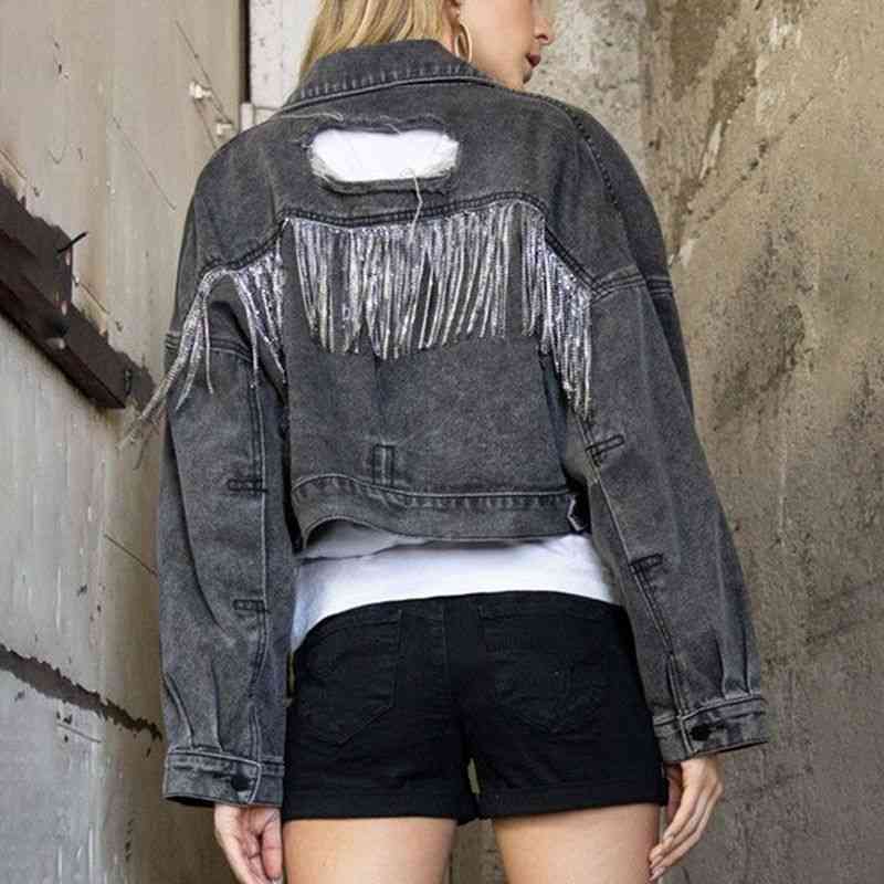 Cropped Collared Neck Dropped Shoulder Denim Jacket Bazaarbey