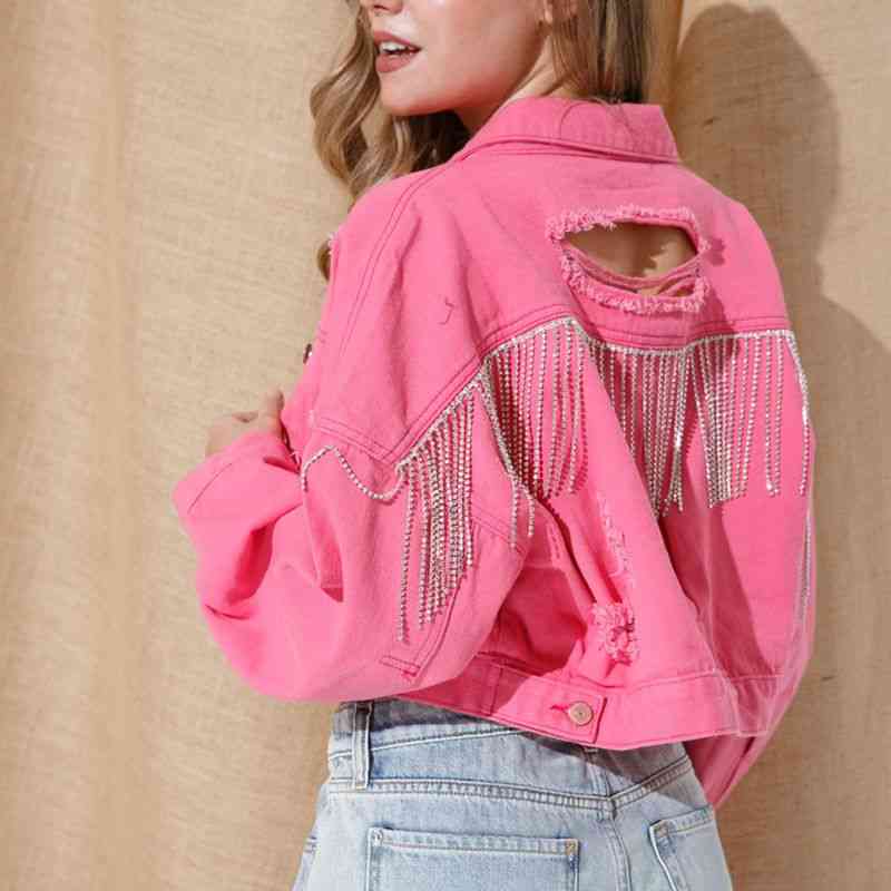 Cropped Collared Neck Dropped Shoulder Denim Jacket Bazaarbey