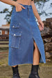 Slit Front Midi Denim Skirt with Pockets Trendsi