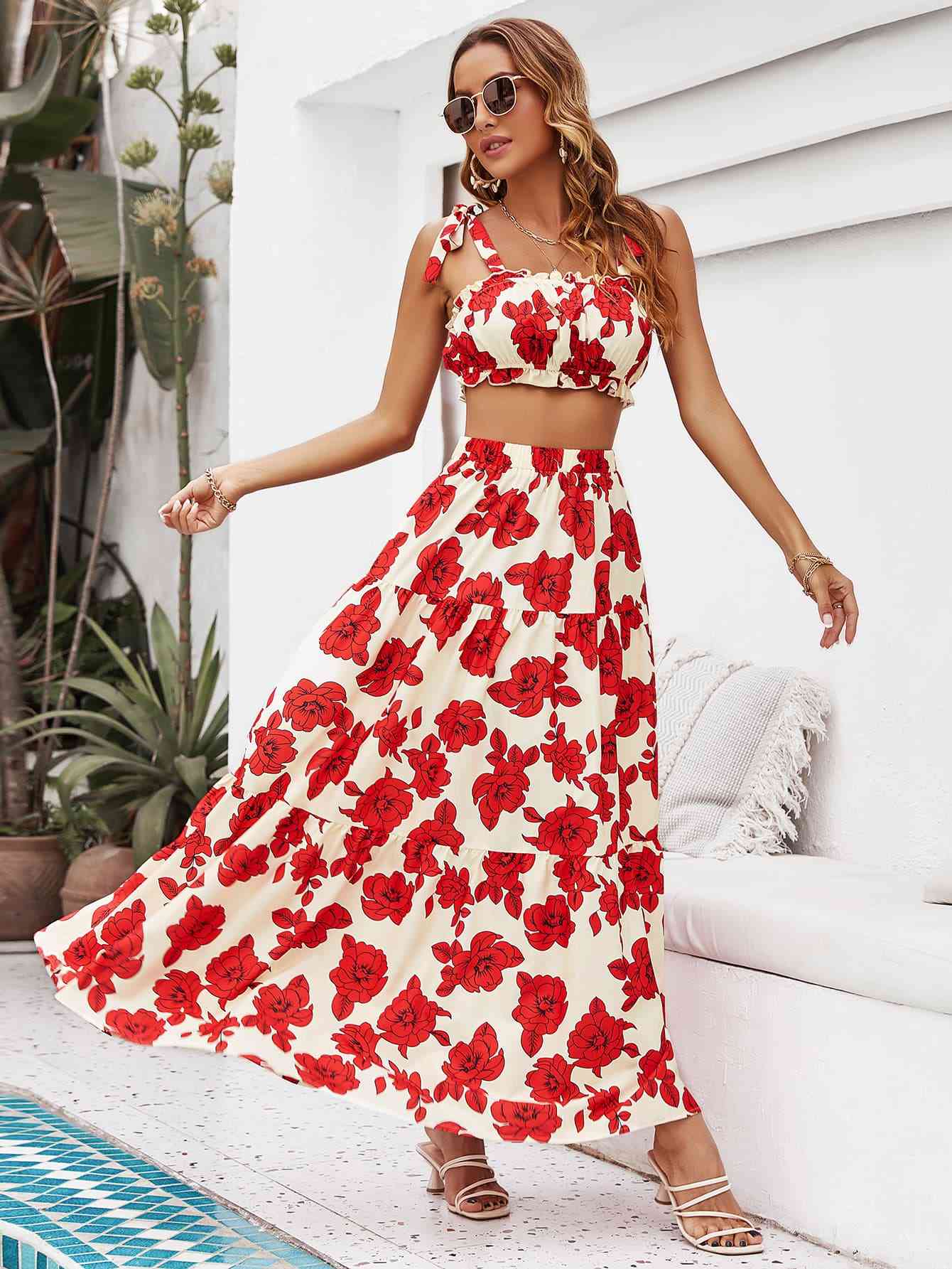 Floral Tie Shoulder Top and Tiered Maxi Skirt Set Bazaarbey