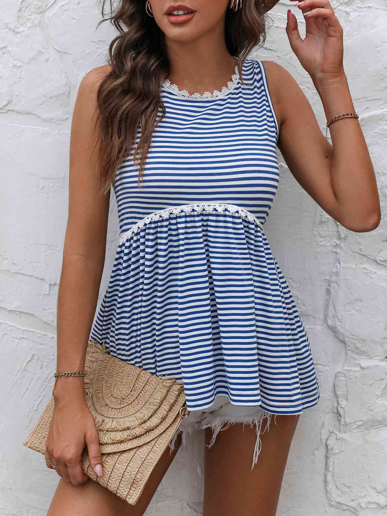 Striped Lace Trim Round Neck Tank Bazaarbey