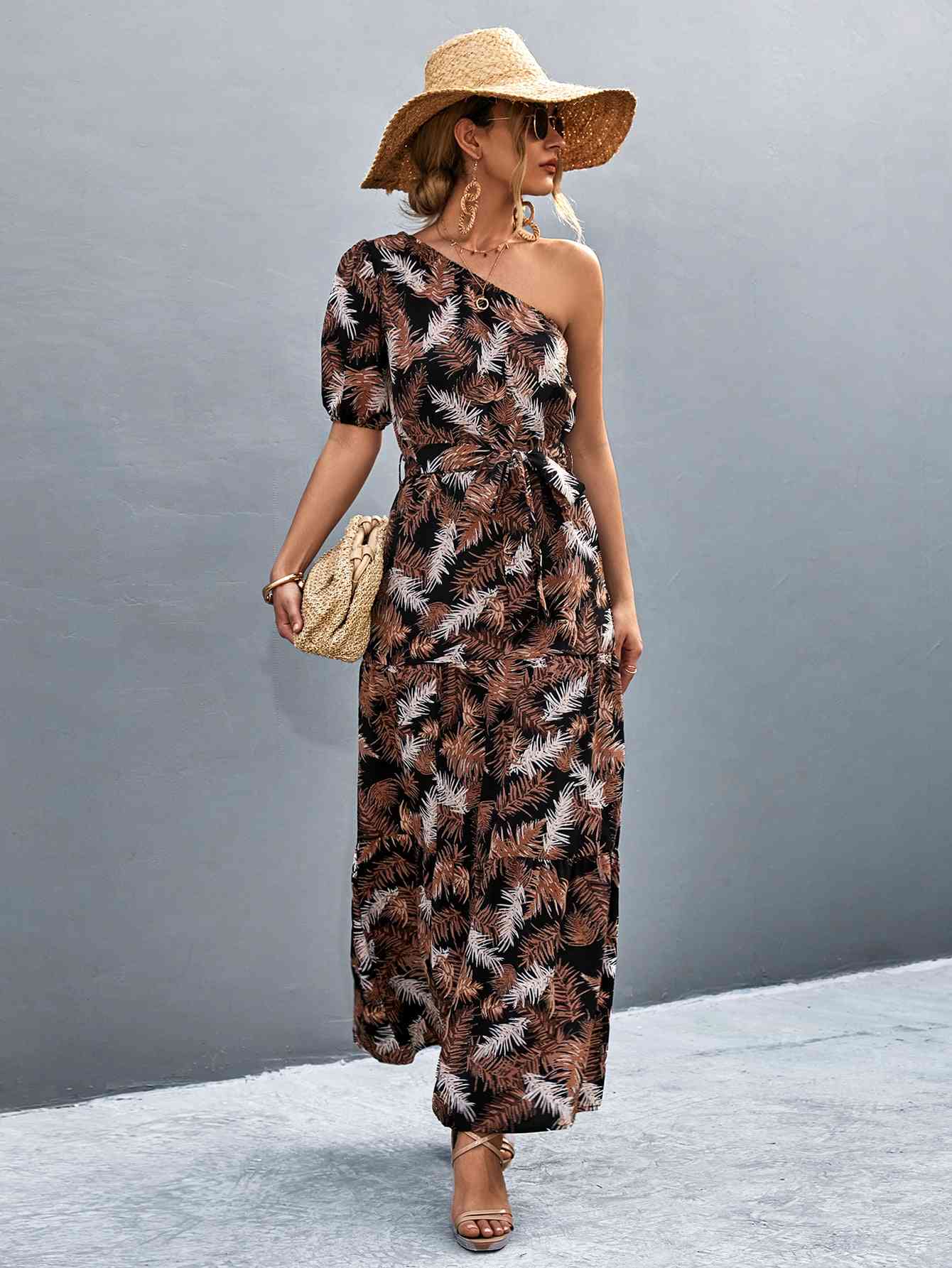 Printed Tie Waist One Shoulder Maxi Dress Bazaarbey