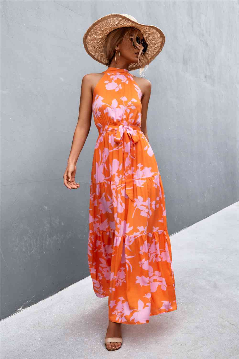 Printed Sleeveless Tie Waist Maxi Dress Bazaarbey