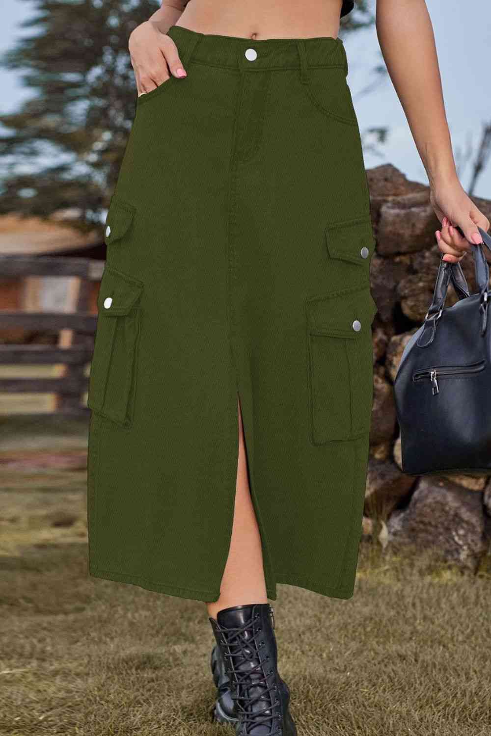 Slit Front Midi Denim Skirt with Pockets Trendsi