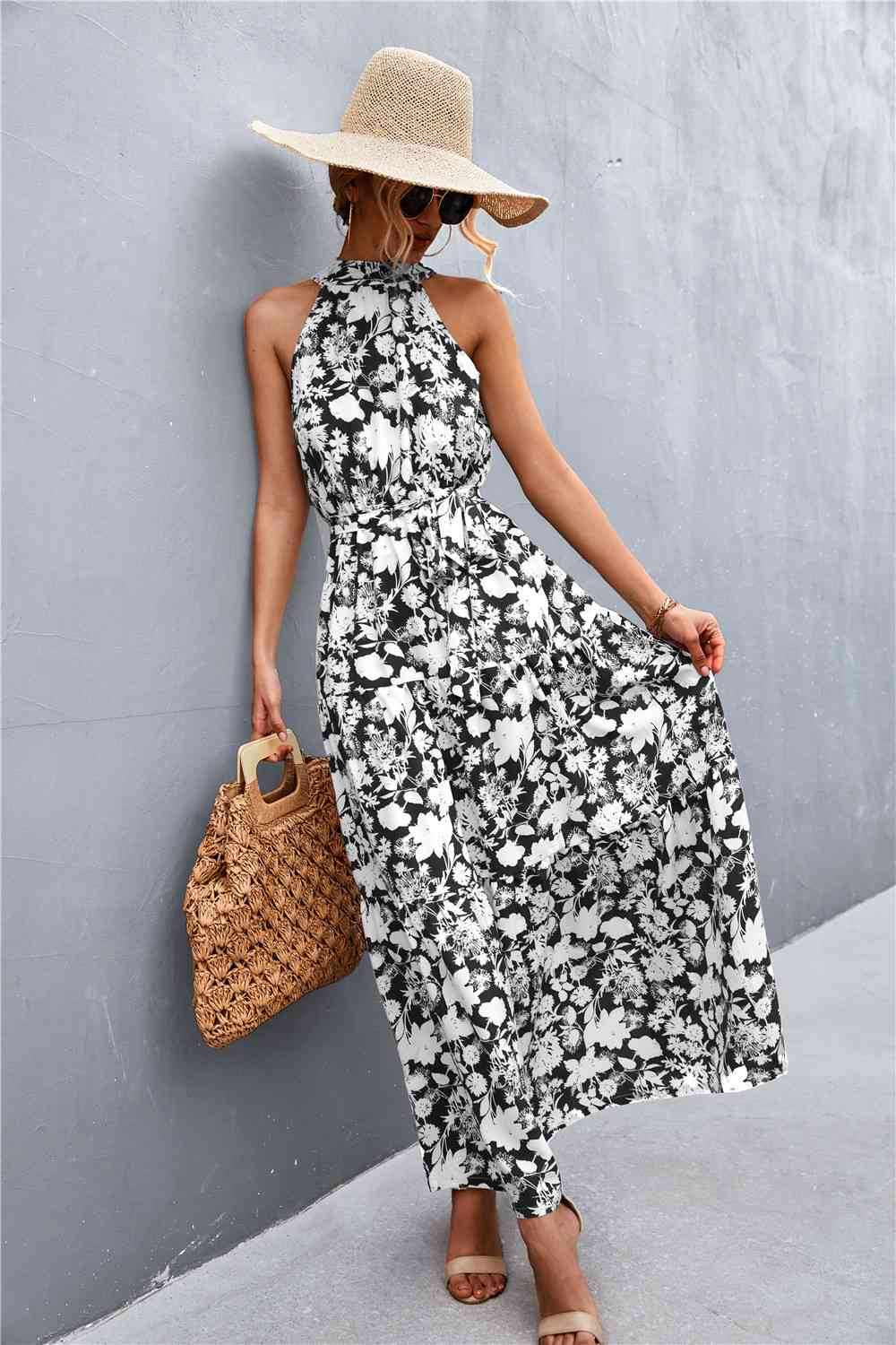 Printed Sleeveless Tie Waist Maxi Dress Bazaarbey