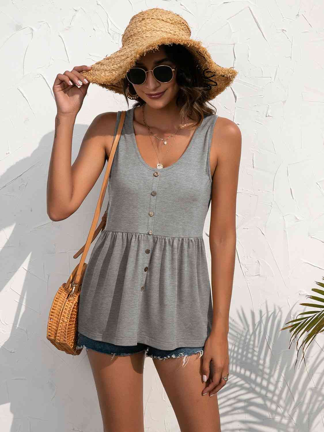 Decorative Button Scoop Neck Tank Bazaarbey