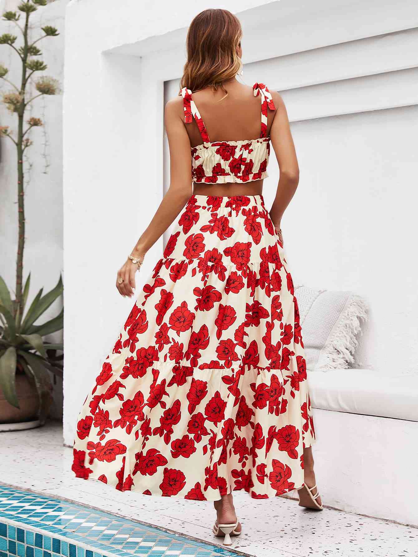Floral Tie Shoulder Top and Tiered Maxi Skirt Set Bazaarbey