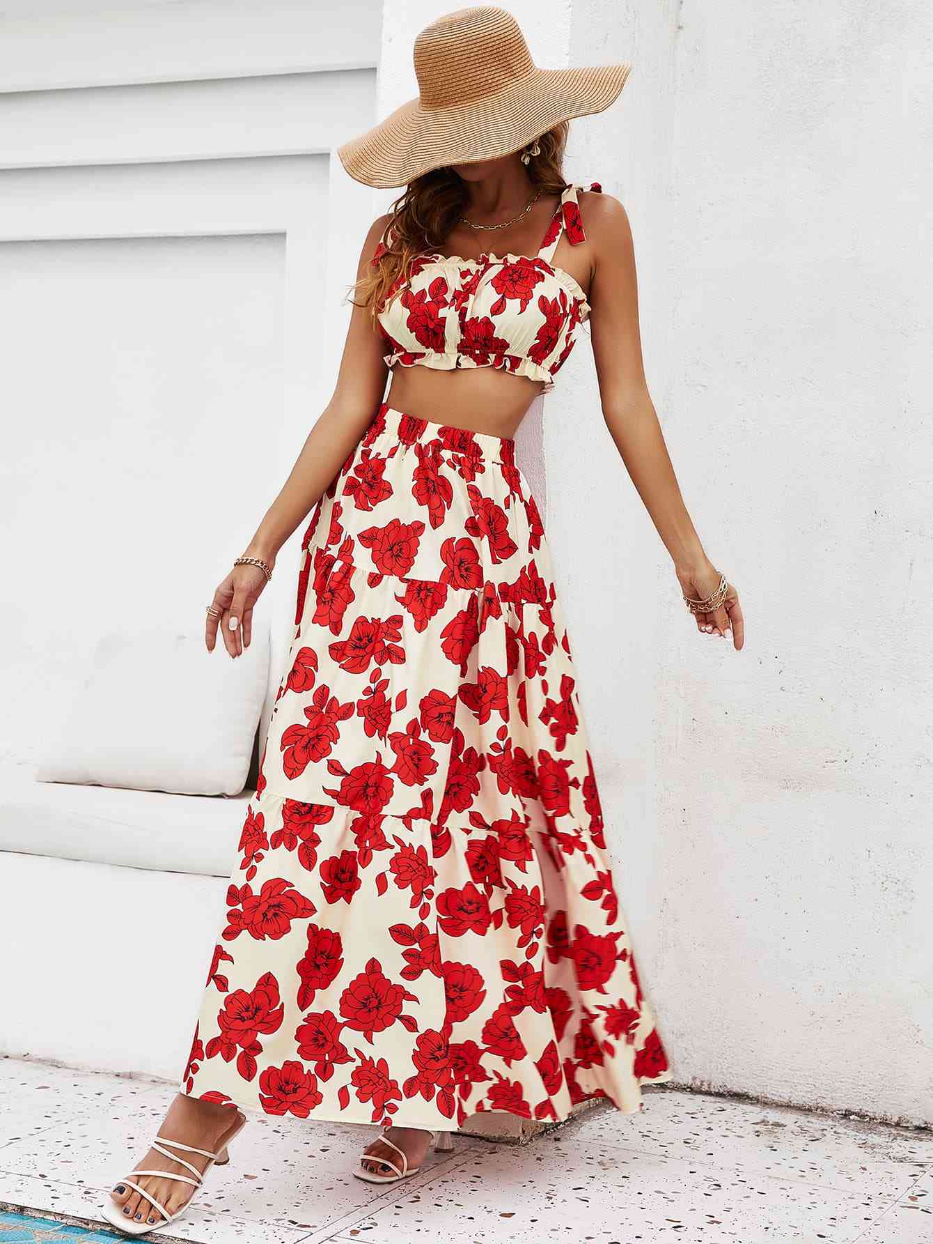 Floral Tie Shoulder Top and Tiered Maxi Skirt Set Bazaarbey
