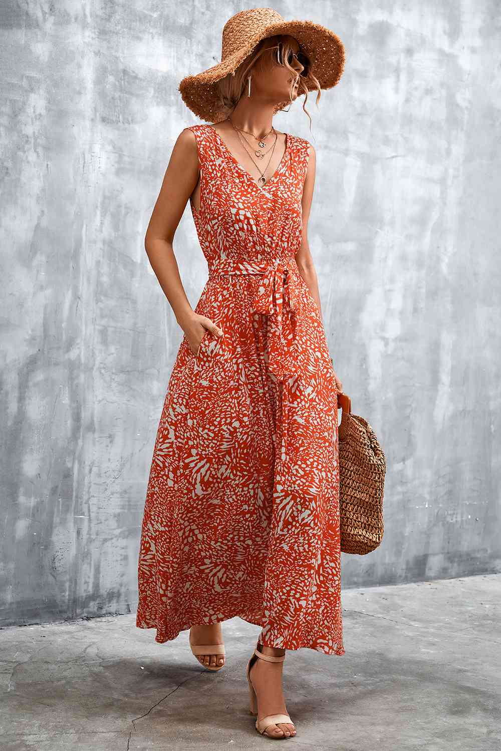 Printed V-Neck Tie Waist Maxi Dress Bazaarbey