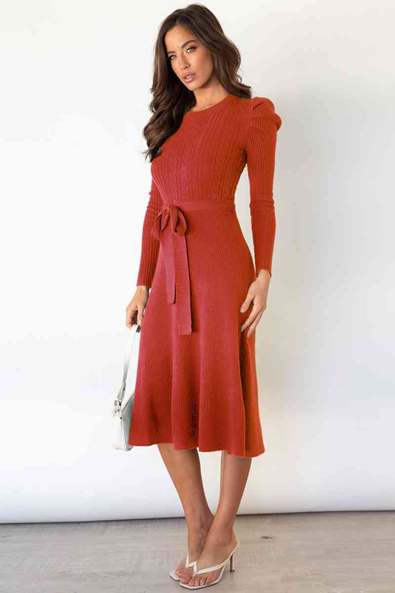 Round Neck Long Sleeve Tie Waist Sweater Dress Bazaarbey