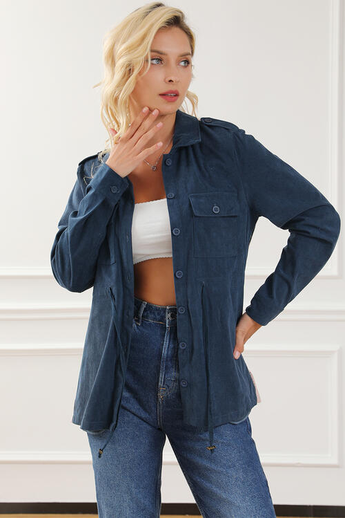 Button Up Drawstring Collared Neck Jacket Trendsi