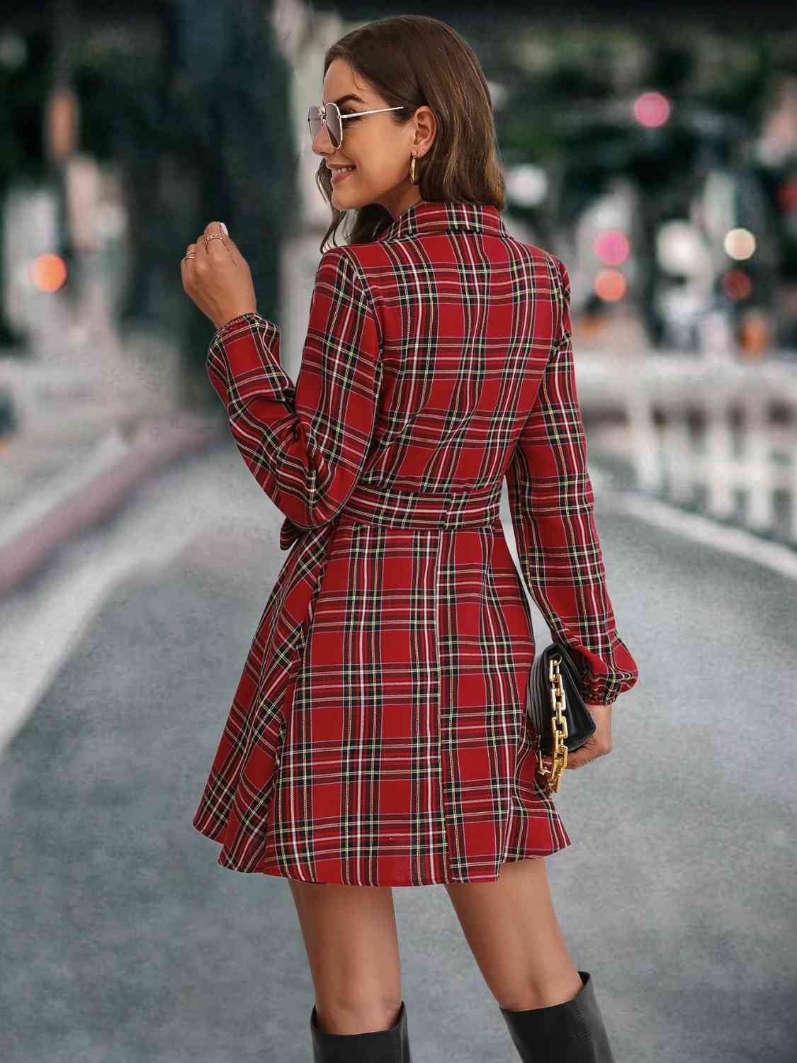 Plaid Tie Front Collared Neck Long Sleeve Dress Bazaarbey