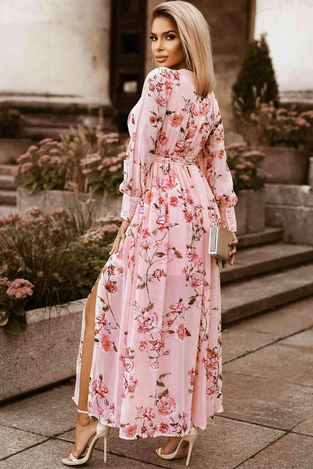 Floral Tie Belt Bishop Sleeve Slit Maxi Dress Bazaarbey