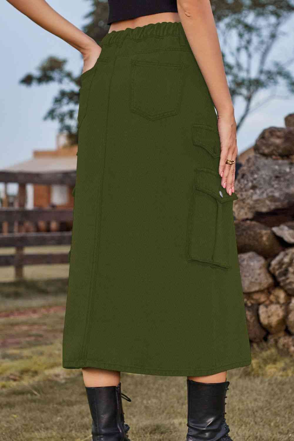 Slit Front Midi Denim Skirt with Pockets Trendsi