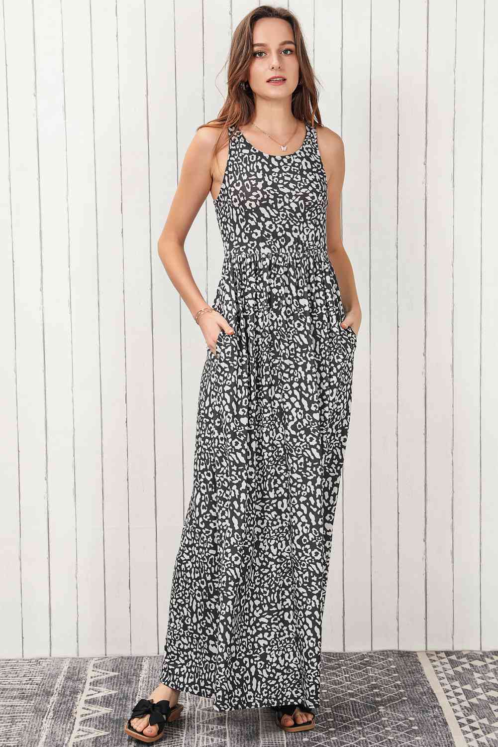 Leopard Round Neck Sleeveless Maxi Dress Bazaarbey
