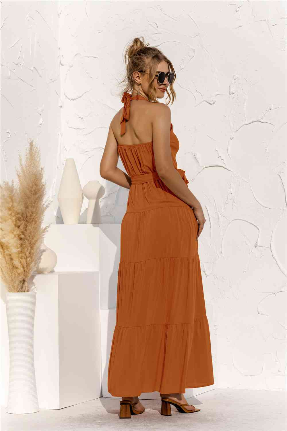 Halter Neck Tie Waist Tiered Maxi Dress Bazaarbey