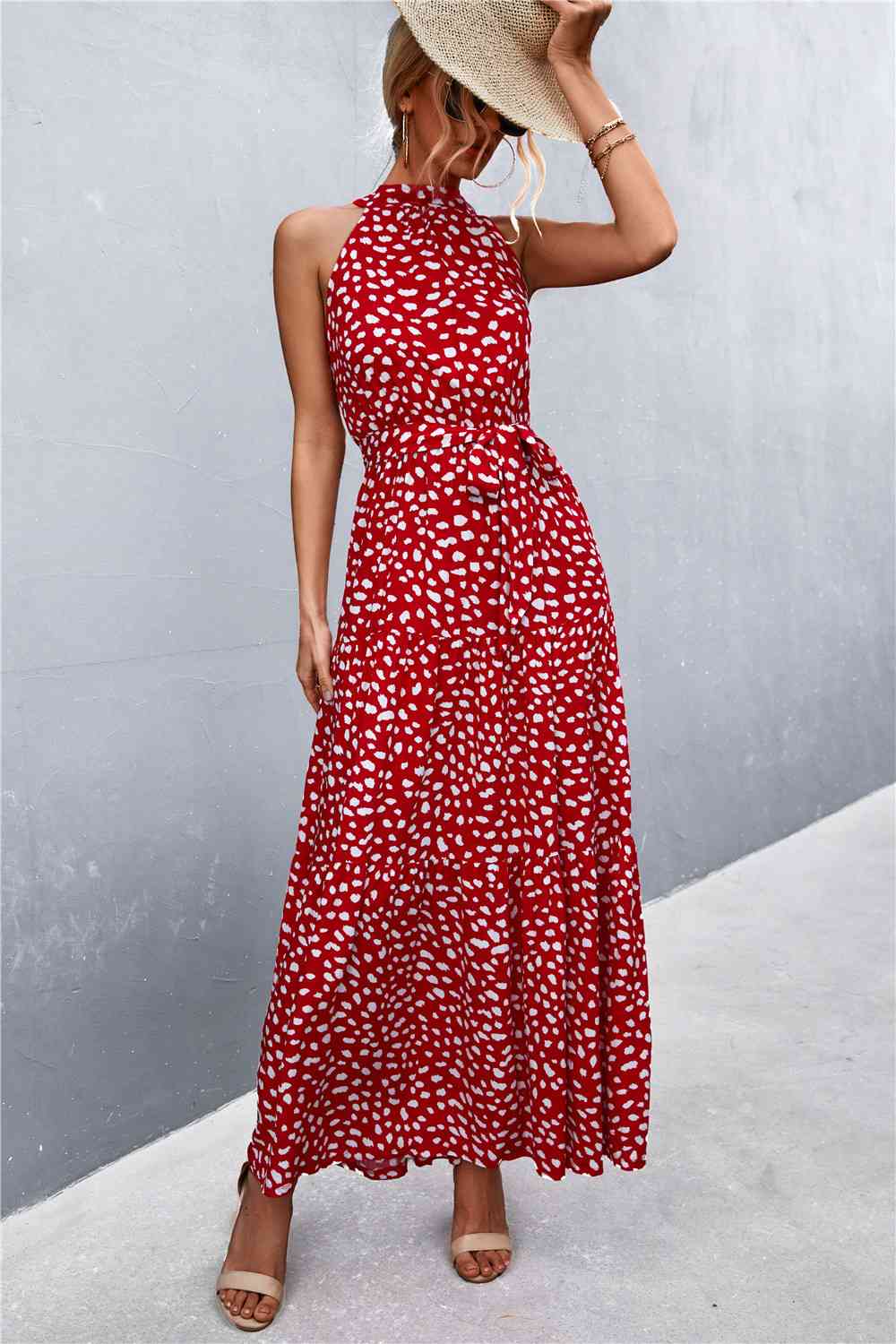 Printed Sleeveless Tie Waist Maxi Dress Bazaarbey