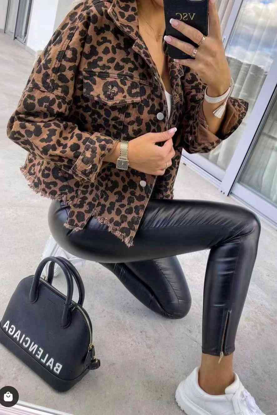 Leopard Raw Hem Denim Jacket Bazaarbey