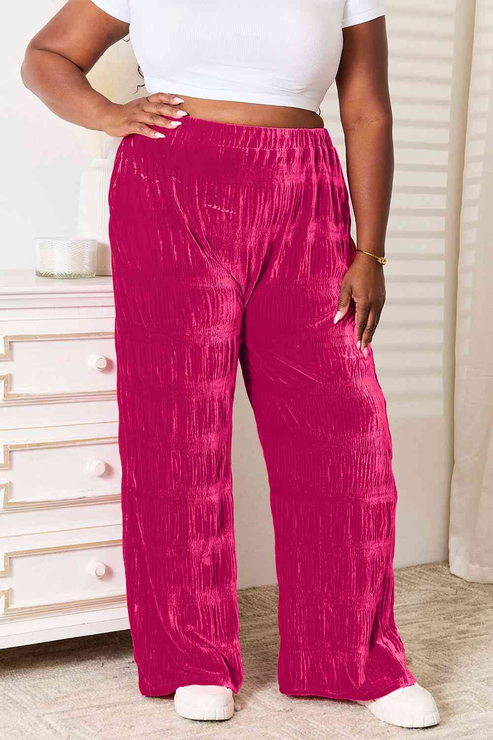 High Waist Tiered Shirring Velvet Wide Leg Pants Bazaarbey