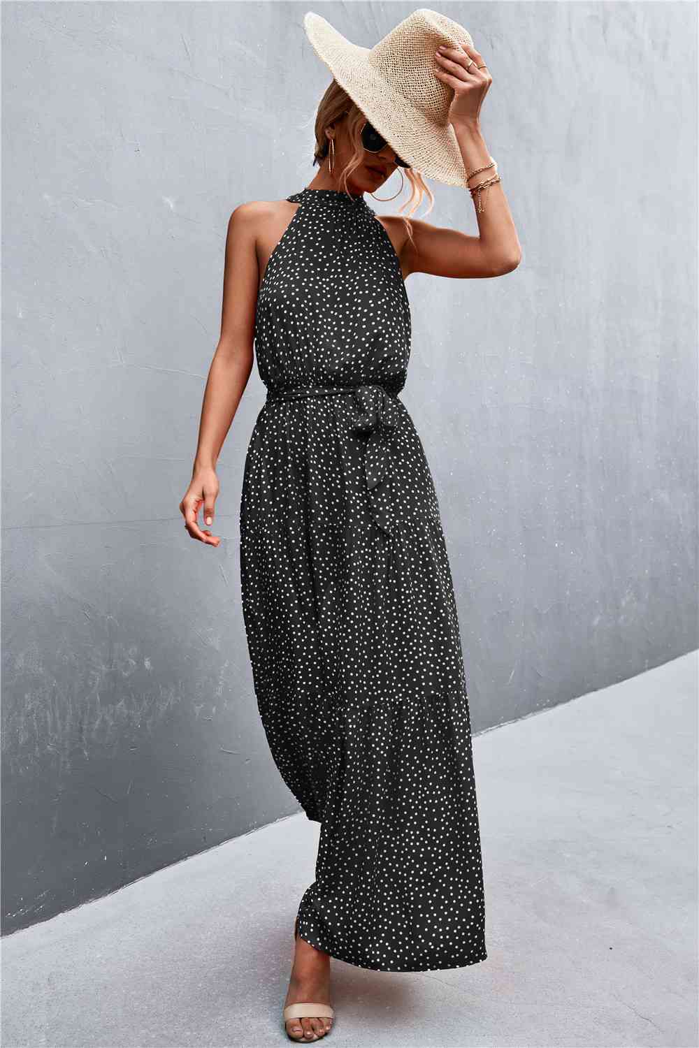 Printed Sleeveless Tie Waist Maxi Dress Bazaarbey