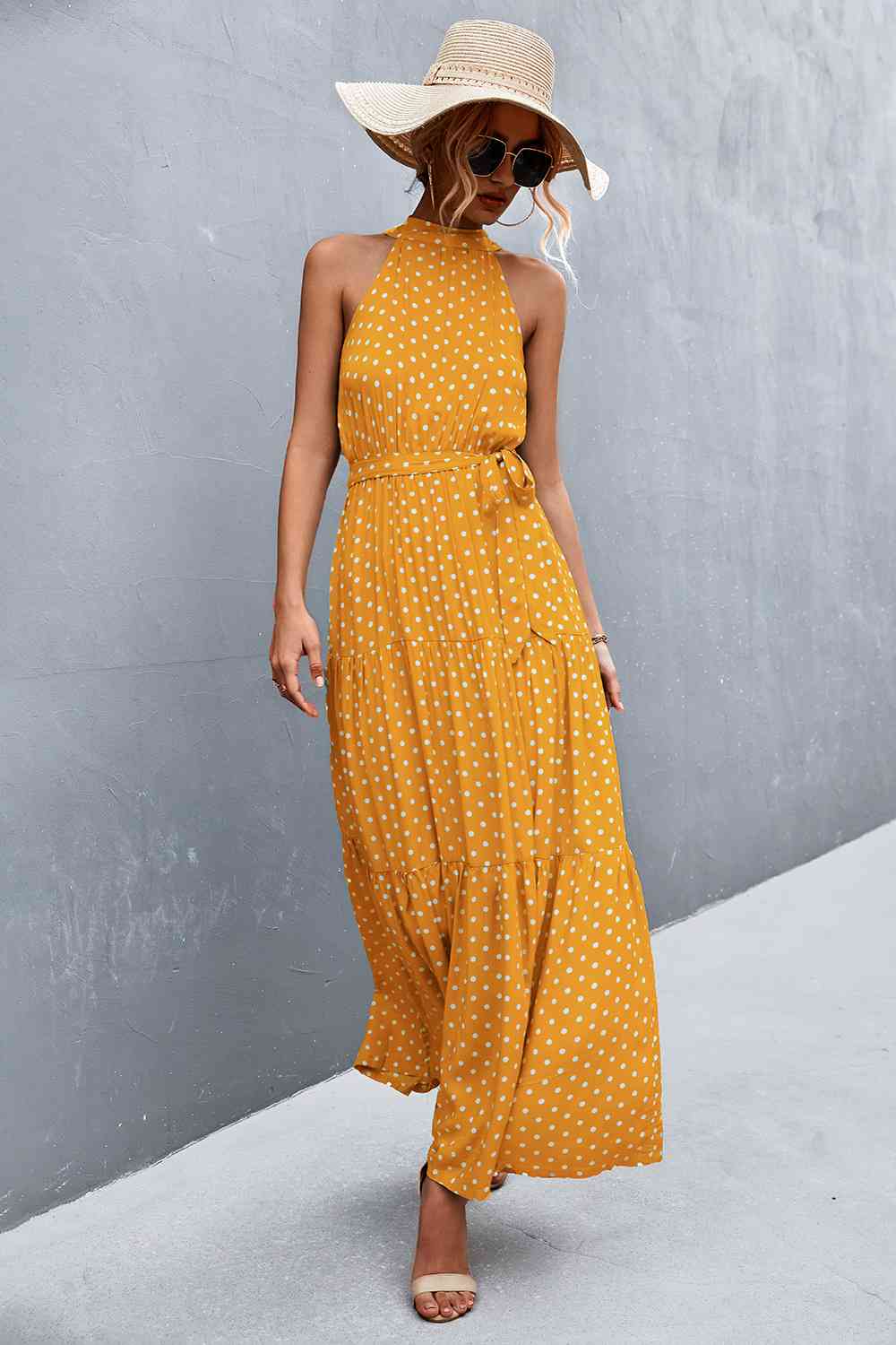 Printed Sleeveless Tie Waist Maxi Dress Bazaarbey