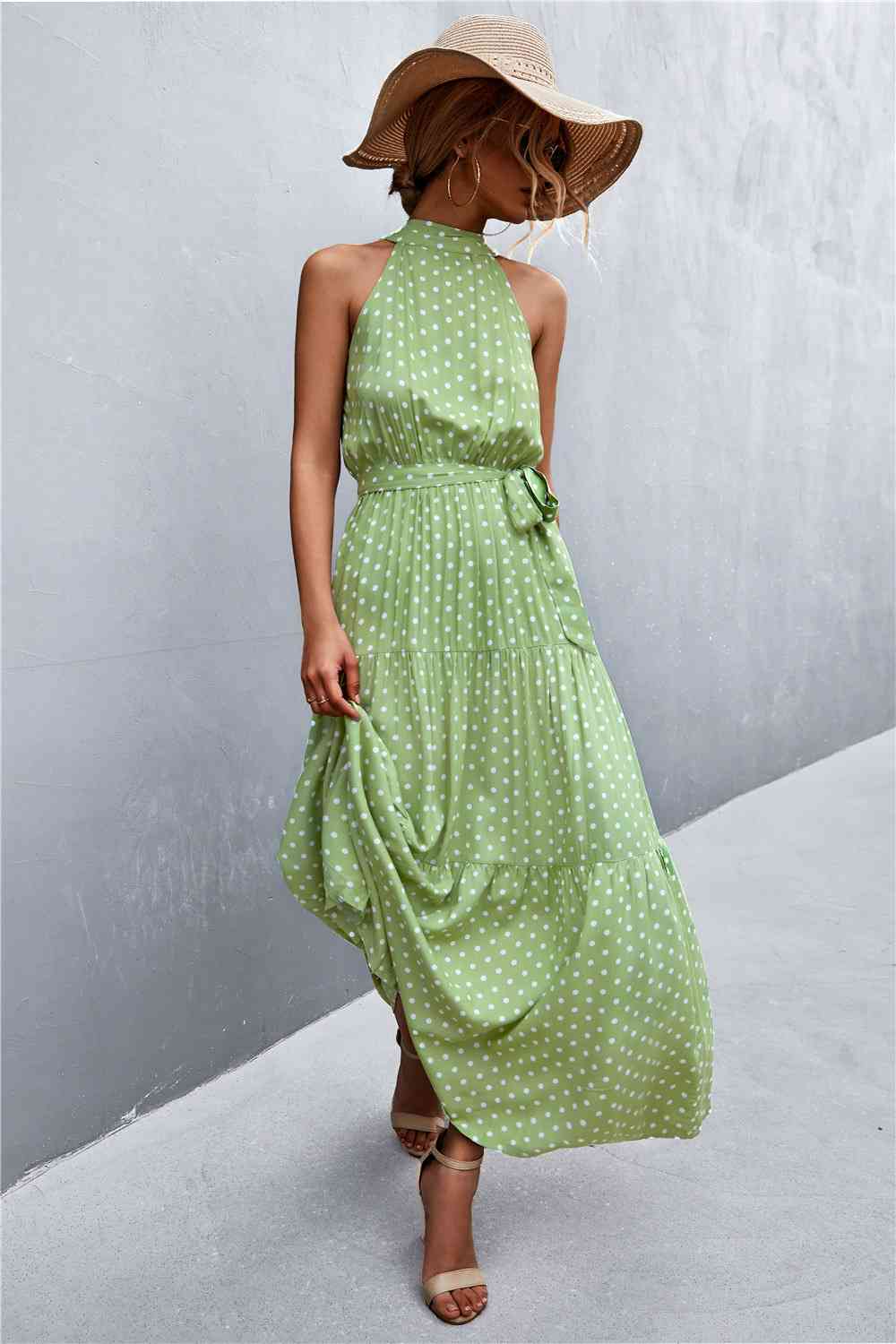 Printed Sleeveless Tie Waist Maxi Dress Bazaarbey