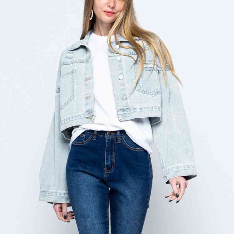 Cropped Collared Neck Dropped Shoulder Denim Jacket Bazaarbey