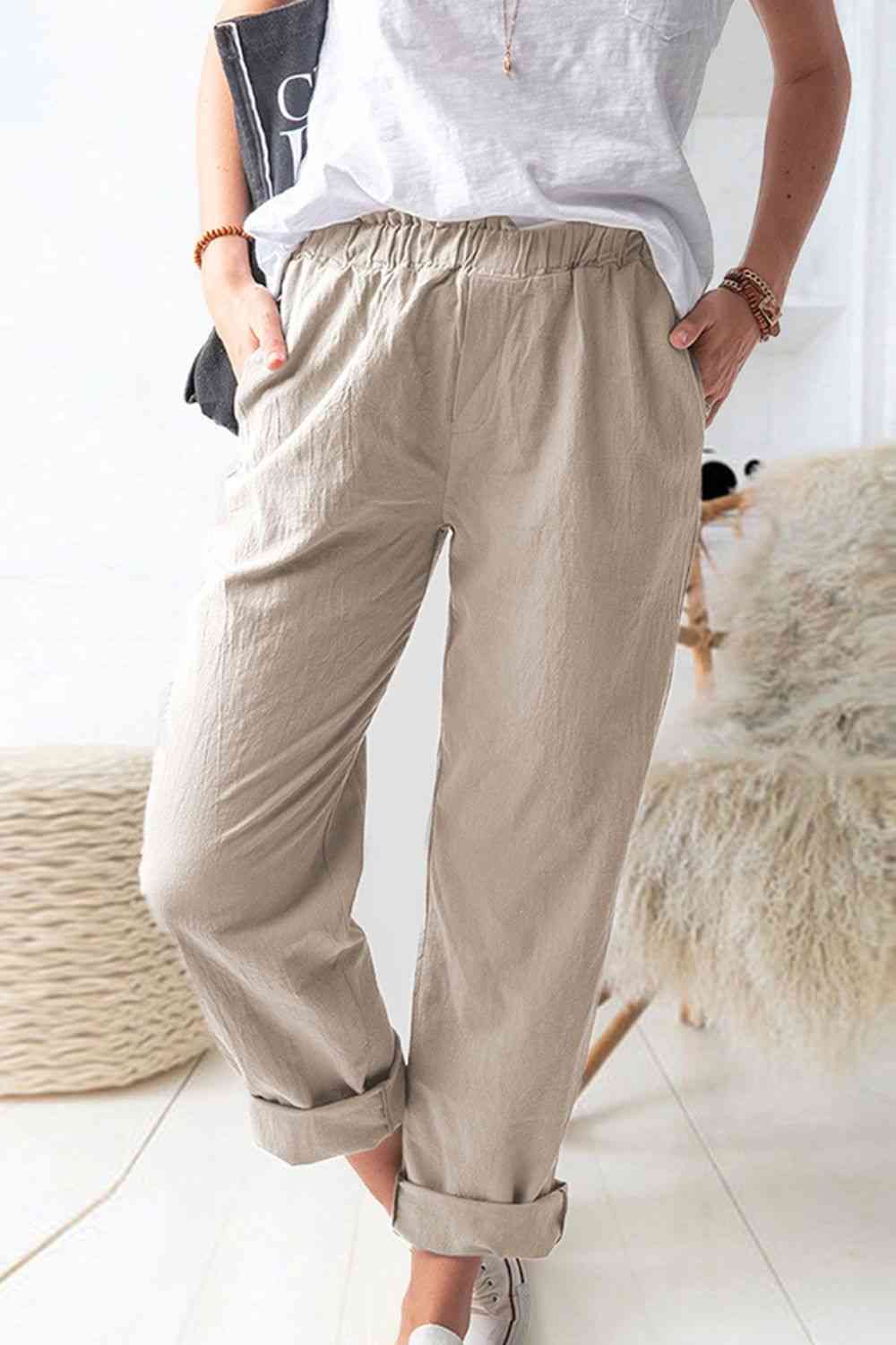 Waist Pull-On Pants with Pockets Bazaarbey